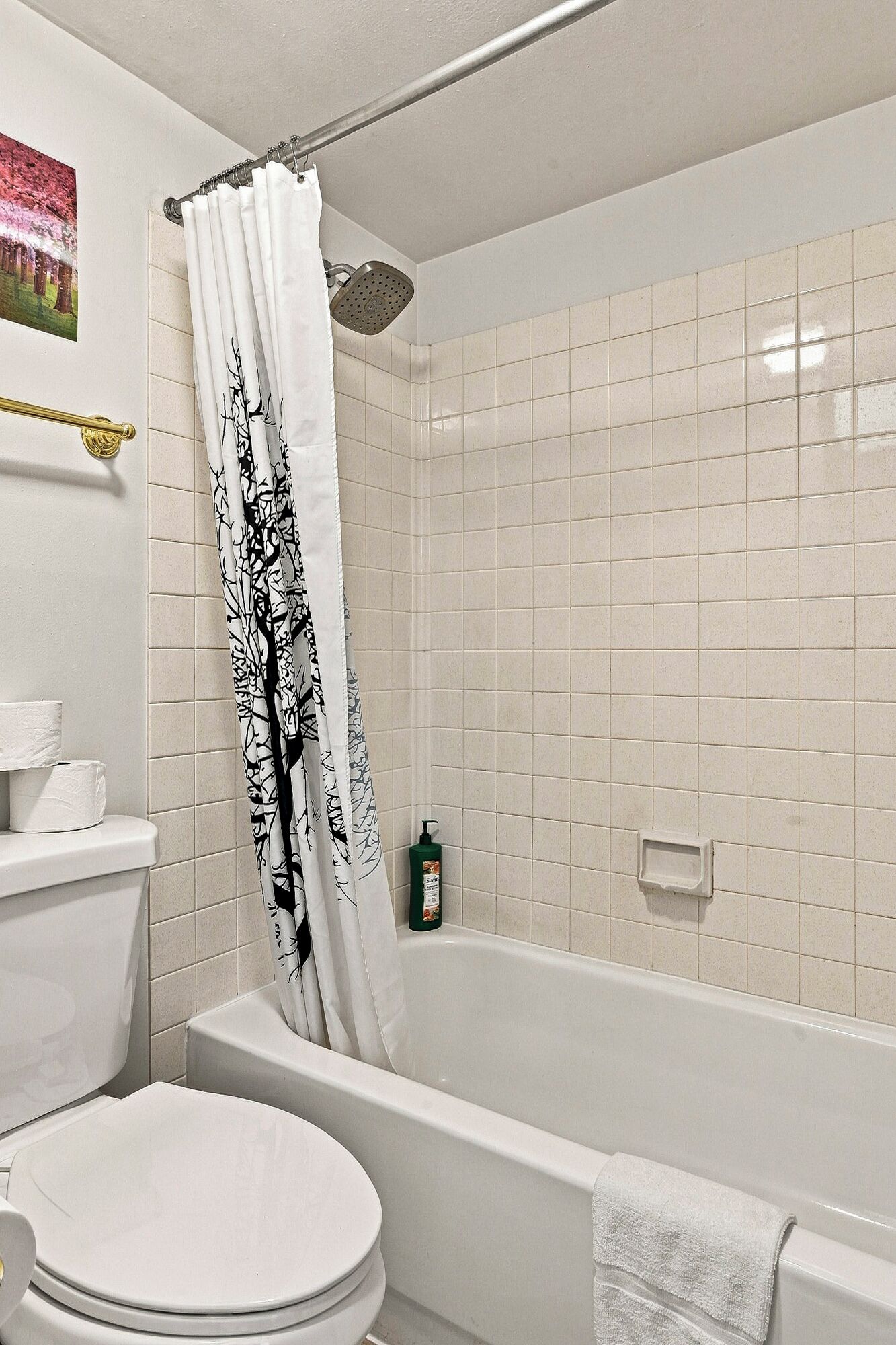 A bathroom with a bathtub, toilet, and shower curtain.