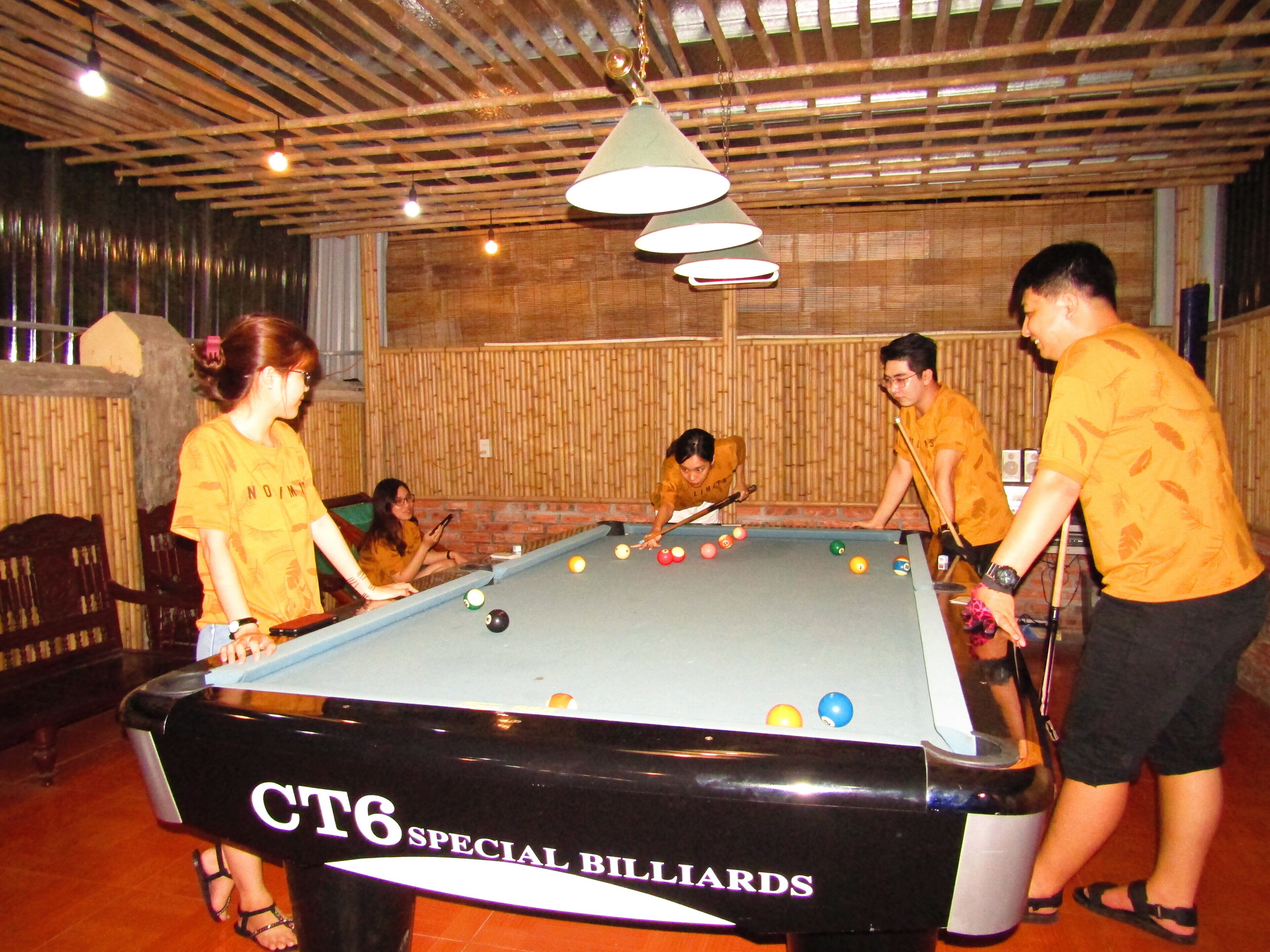 A billiards table labeled "CT6 SPECIAL BILLIARDS" in a room with wooden walls and ceiling, featuring hanging lights and a bamboo backdrop.