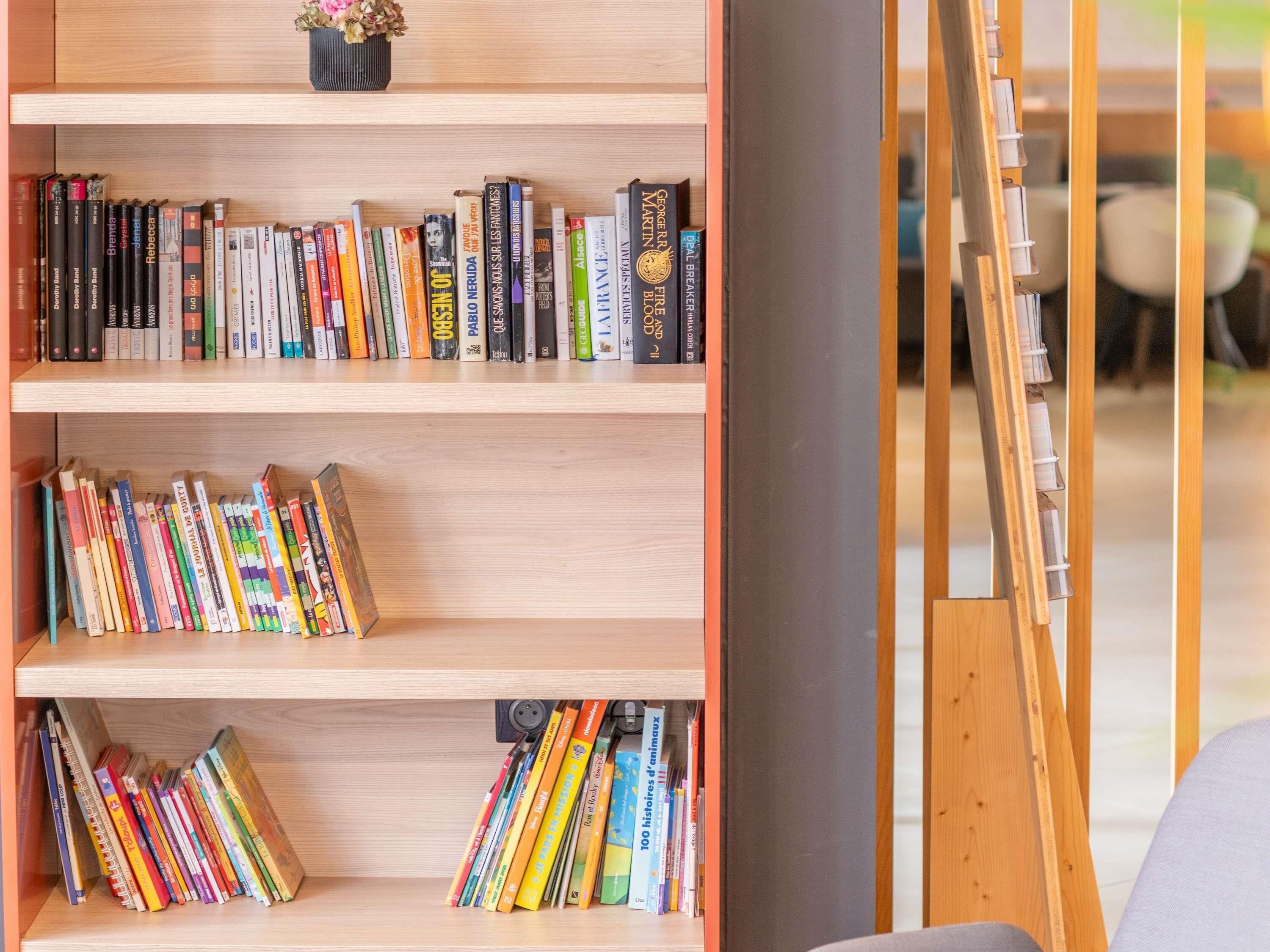 A bookshelf with various books, a small potted plant, and a wooden easel.