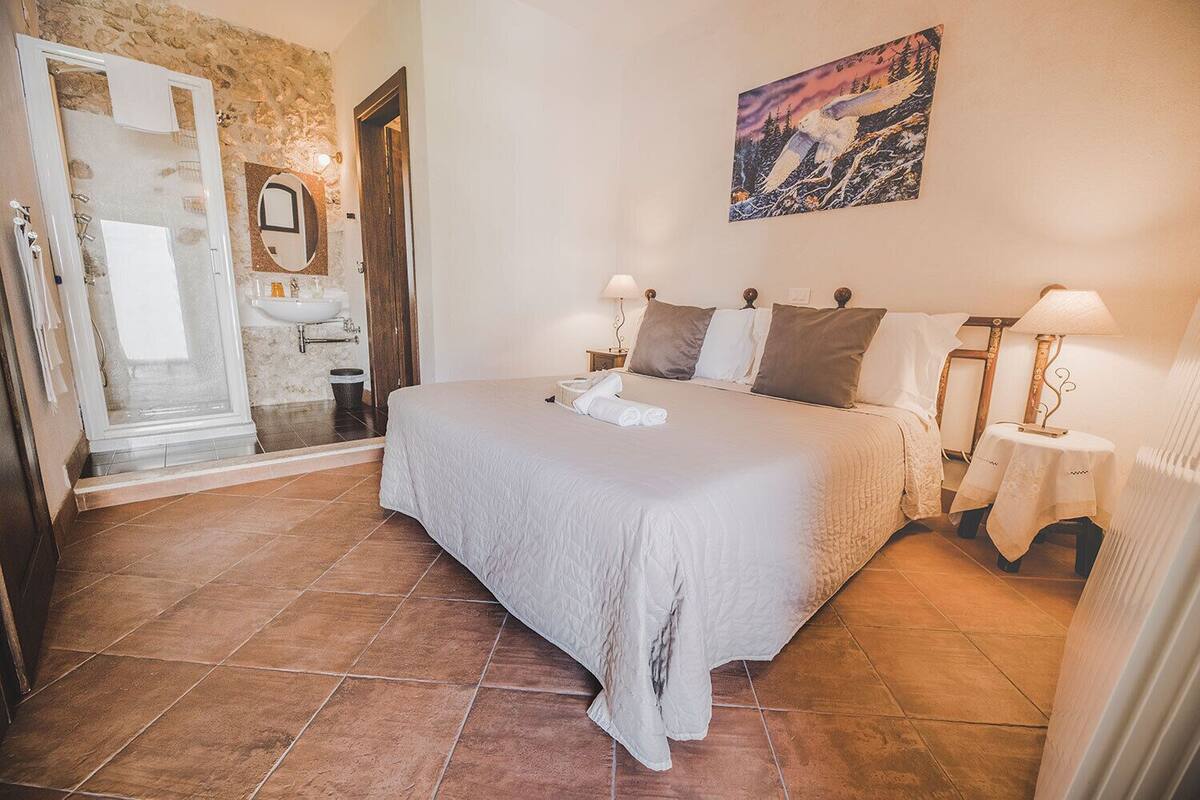 Une chambre avec un grand lit, une salle de bain avec douche et un mur en pierre.
