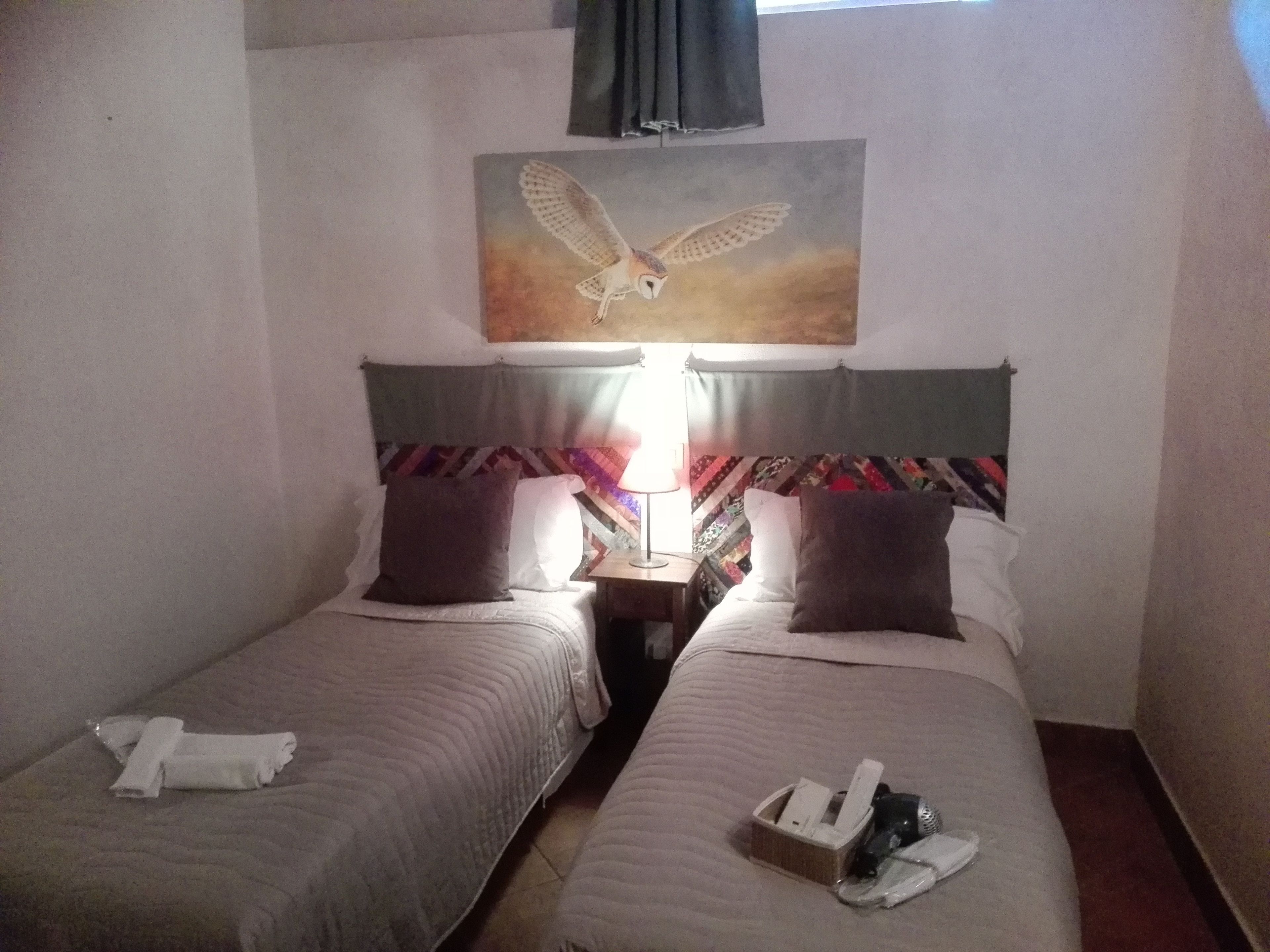 A hotel room with two single beds, a nightstand with a lamp, and a painting of an owl on the wall.