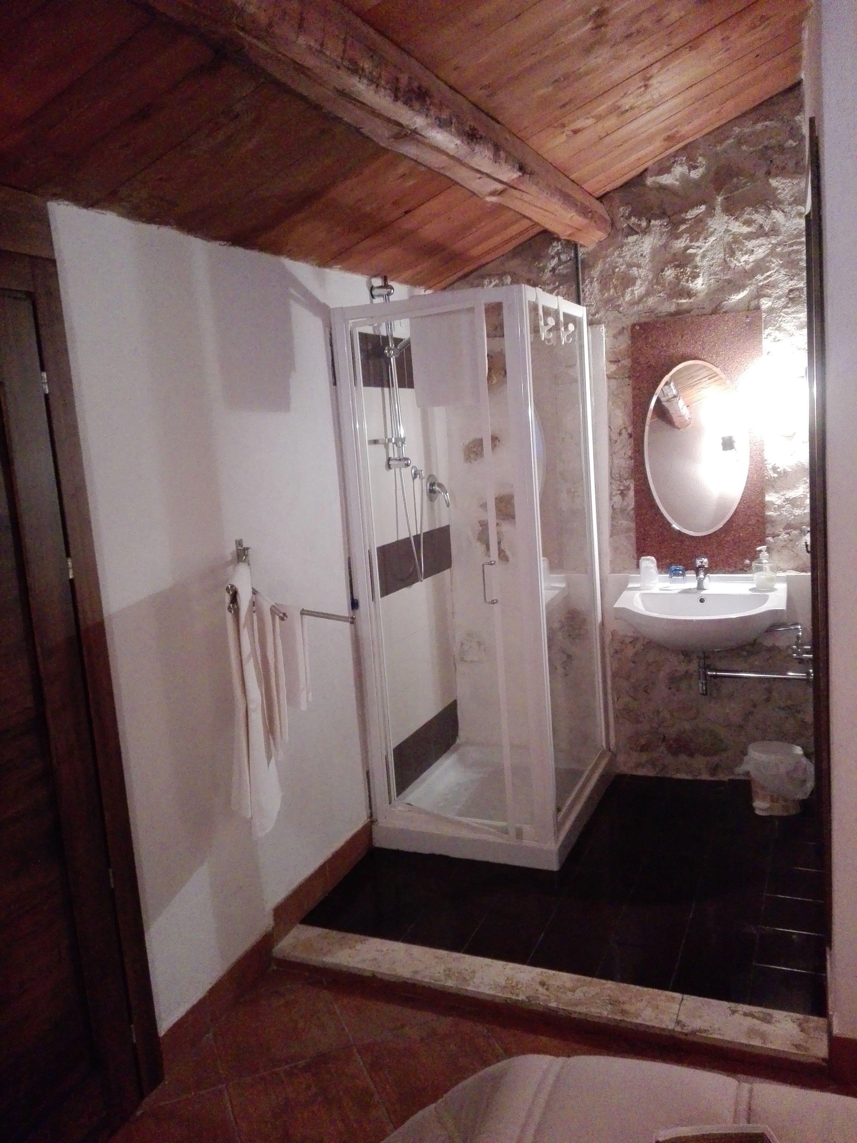Een badkamer met een douche, wastafel en spiegel.