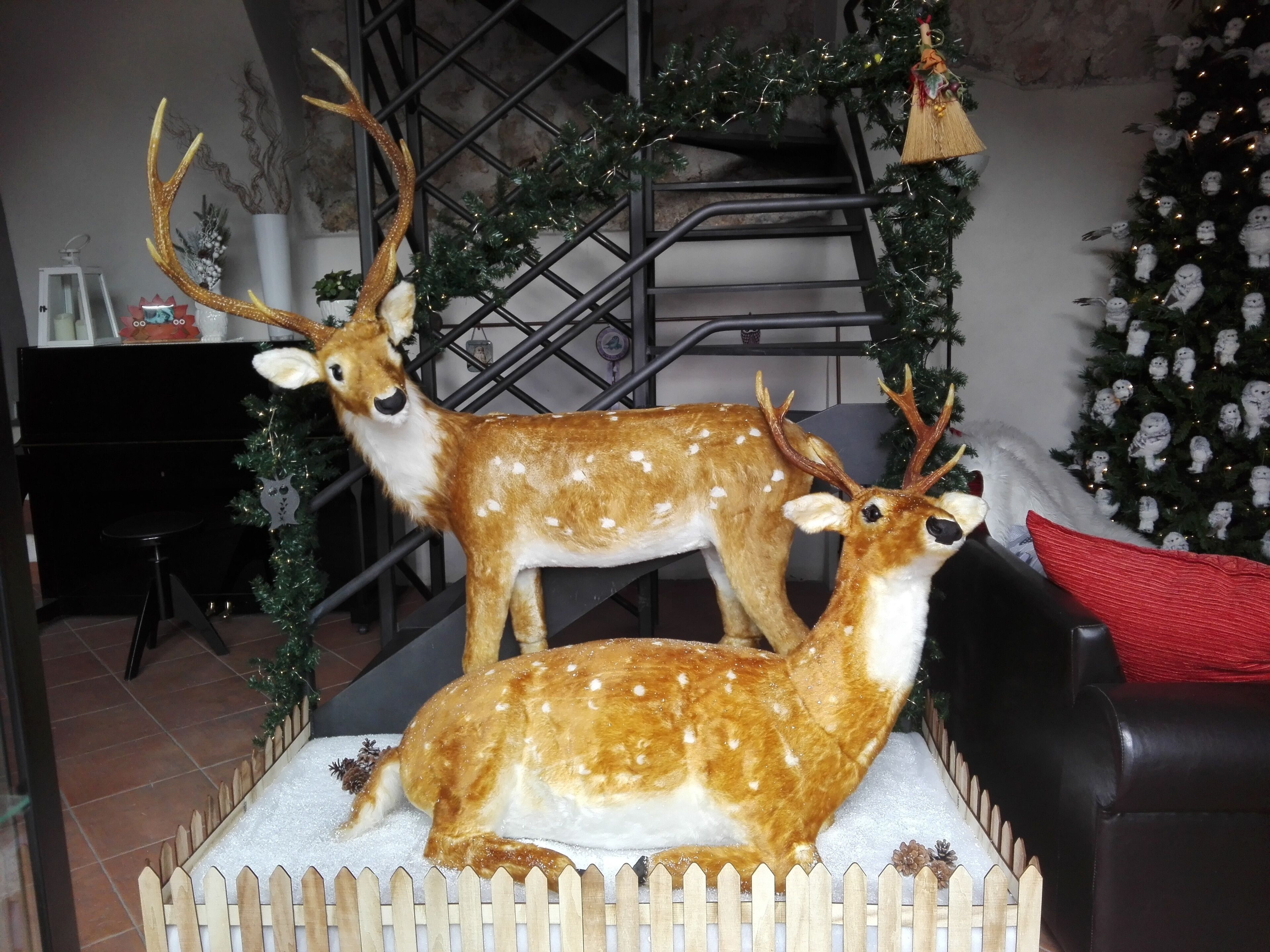 Ein Zimmer mit Weihnachtsbaum, zwei Hirschfiguren, einem roten Sofa und einer Treppe.