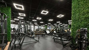 A gym with various exercise equipment, a green wall, and a ceiling with square lights. - Grand Hotel Velingrad (Velingrad)