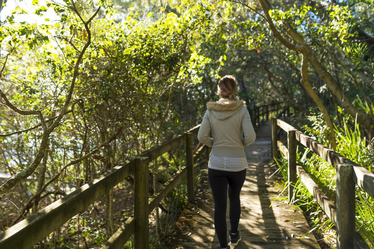 A woman walking on a wooden bridge surrounded by dense foliage.