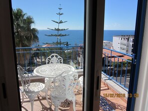 Enjoy breathtaking sea views from this balcony, featuring a decorative tree and comfortable seating area.