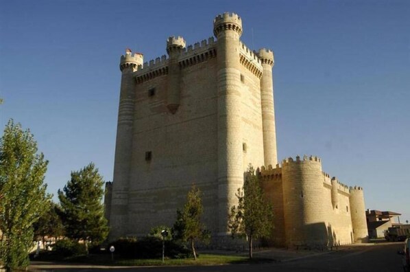 Un vaste château historique en pierre, doté de nombreuses tours et de créneaux, entouré d’arbres et surplombant un ciel dégagé.