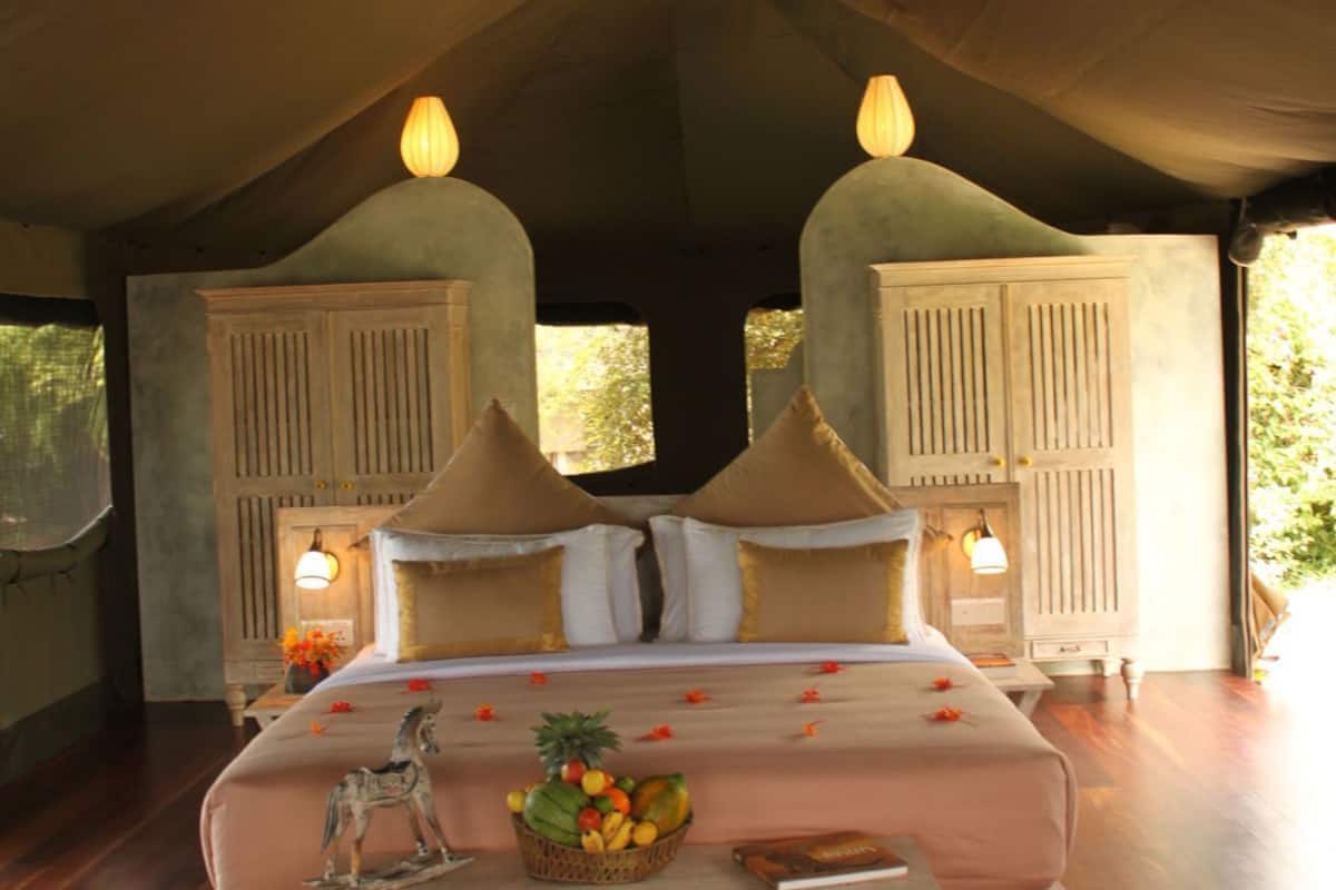 A tented room with a bed, bedside table, and a basket of fruit.