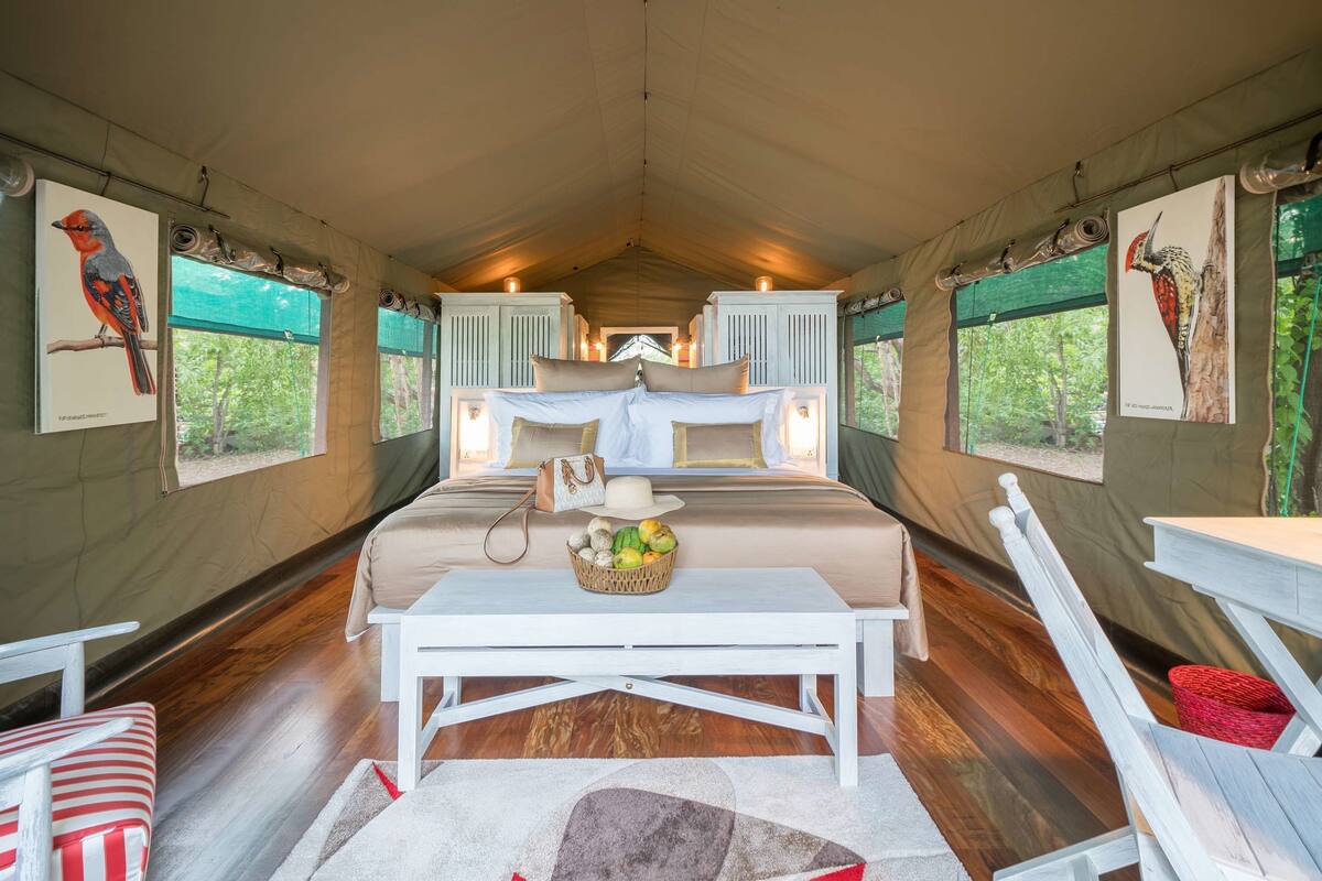 A tented room with a bed, a table with a basket, and two chairs.