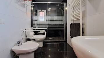 Hair dryer, bidet, towels, soap