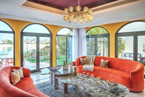Villa, 6 Bedrooms, Private Pool, Beach View | Living room | Flat-screen TV - Dream Inn Dubai-Palm Island Retreat Villa (Dubai)