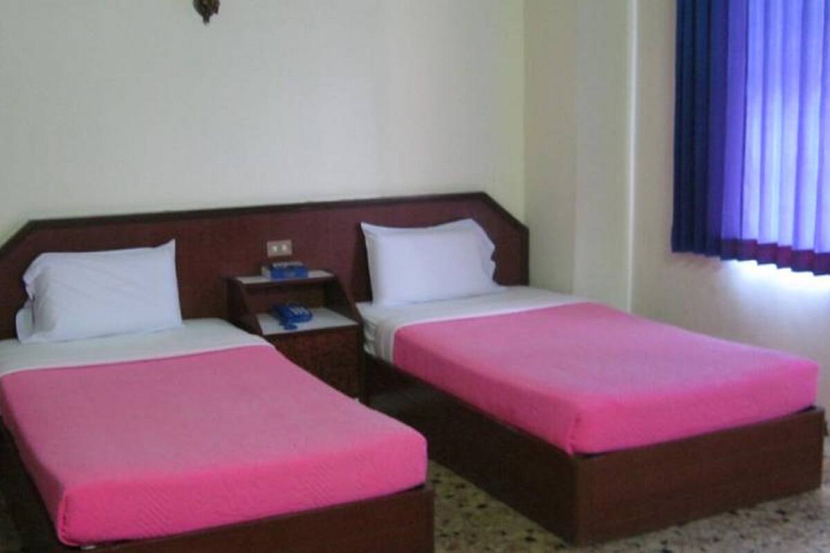 Habitación doble con dos camas individuales, cada una con cubrecama rosa y almohadas blancas. Tiene un cabecero de madera, una mesita de noche con lámpara, y una ventana con cortinas moradas.