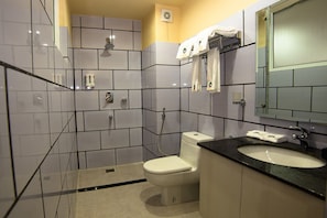 Shower, free toiletries, hair dryer, bathrobes