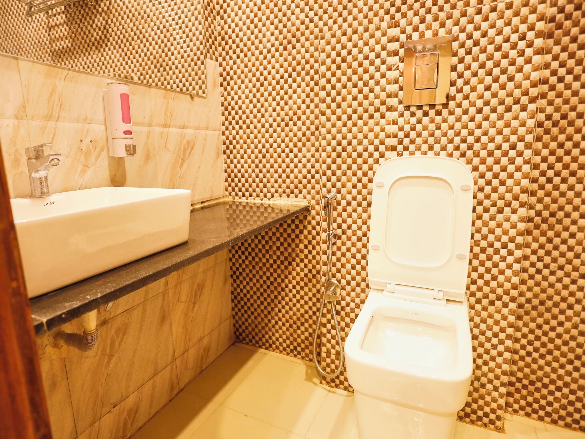 Une salle de bain avec un lavabo, des toilettes et une douche.