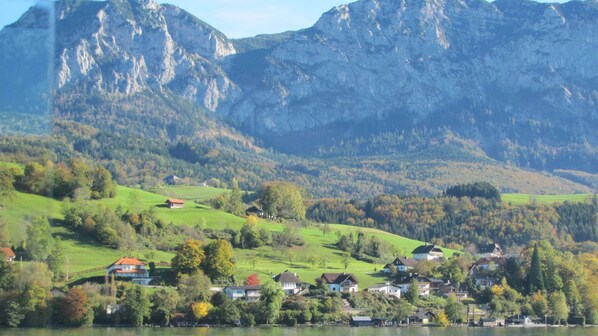 A lakeside village with houses, a mountain backdrop, and a clear view of the lake.