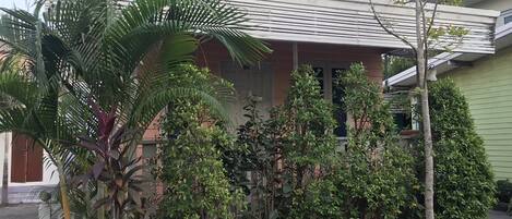 A residential house with a porch, surrounded by various plants and trees.