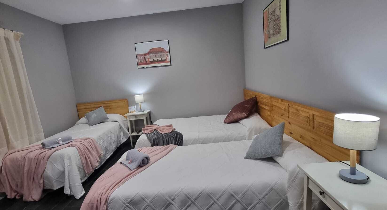 Habitación de hotel con dos camas, una mesita de noche con lámpara y un cuadro colgado en la pared.