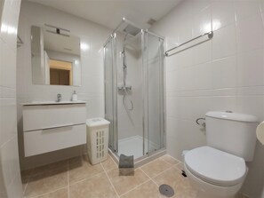 Ducha, secador de pelo, toallas y papel higiénico
