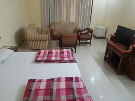 Habitación de hotel con cama, dos sillones, un sofá, un televisor sobre un mueble de madera y un radiador blanco.