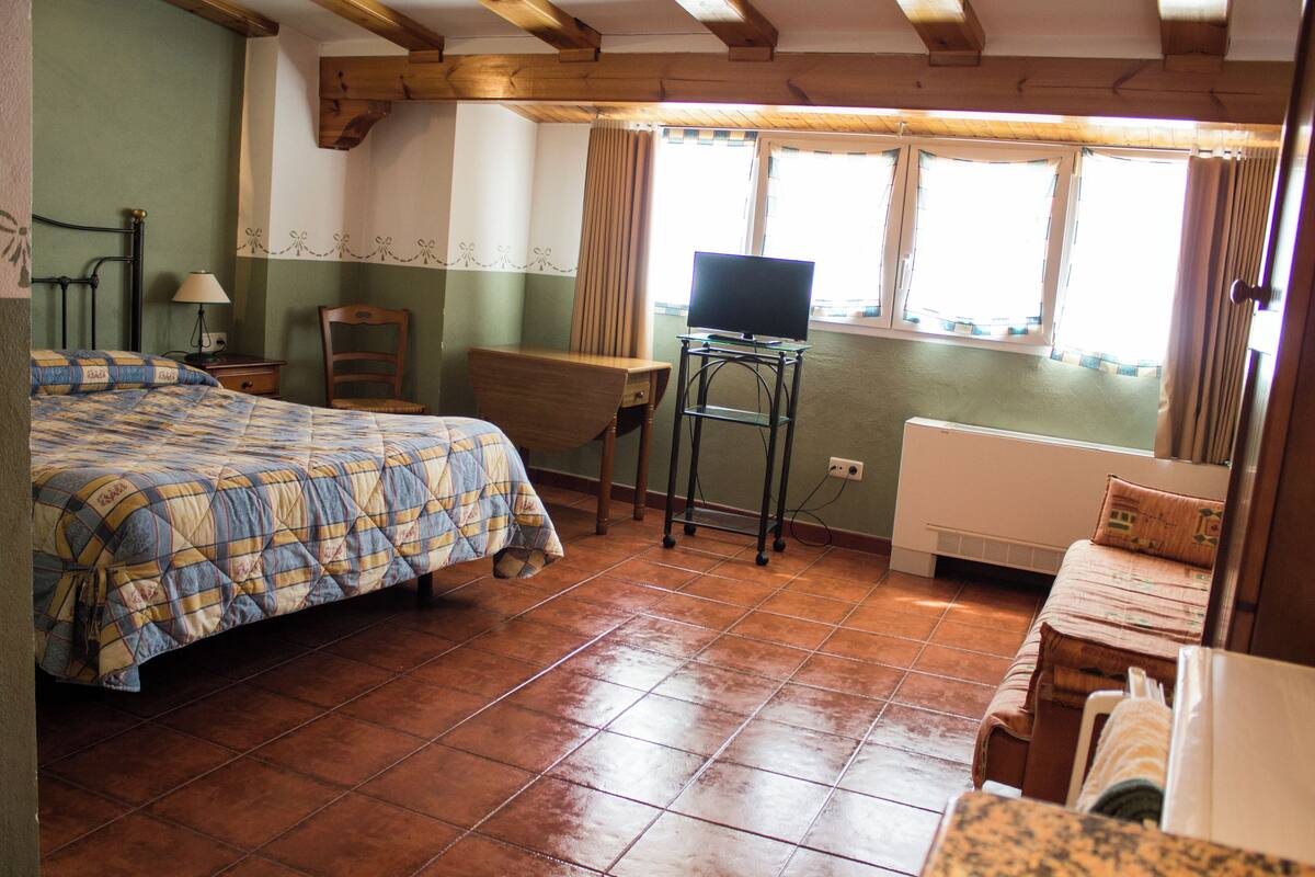 Un dormitorio con cama, escritorio, silla, televisor sobre un mueble bajo y radiador.