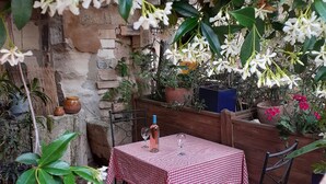 An outdoor patio with a table set for two, surrounded by potted plants and a stone wall. - Charming in the center of the village of Maussane Les Alpilles with patio (Maussane-les-Alpilles)