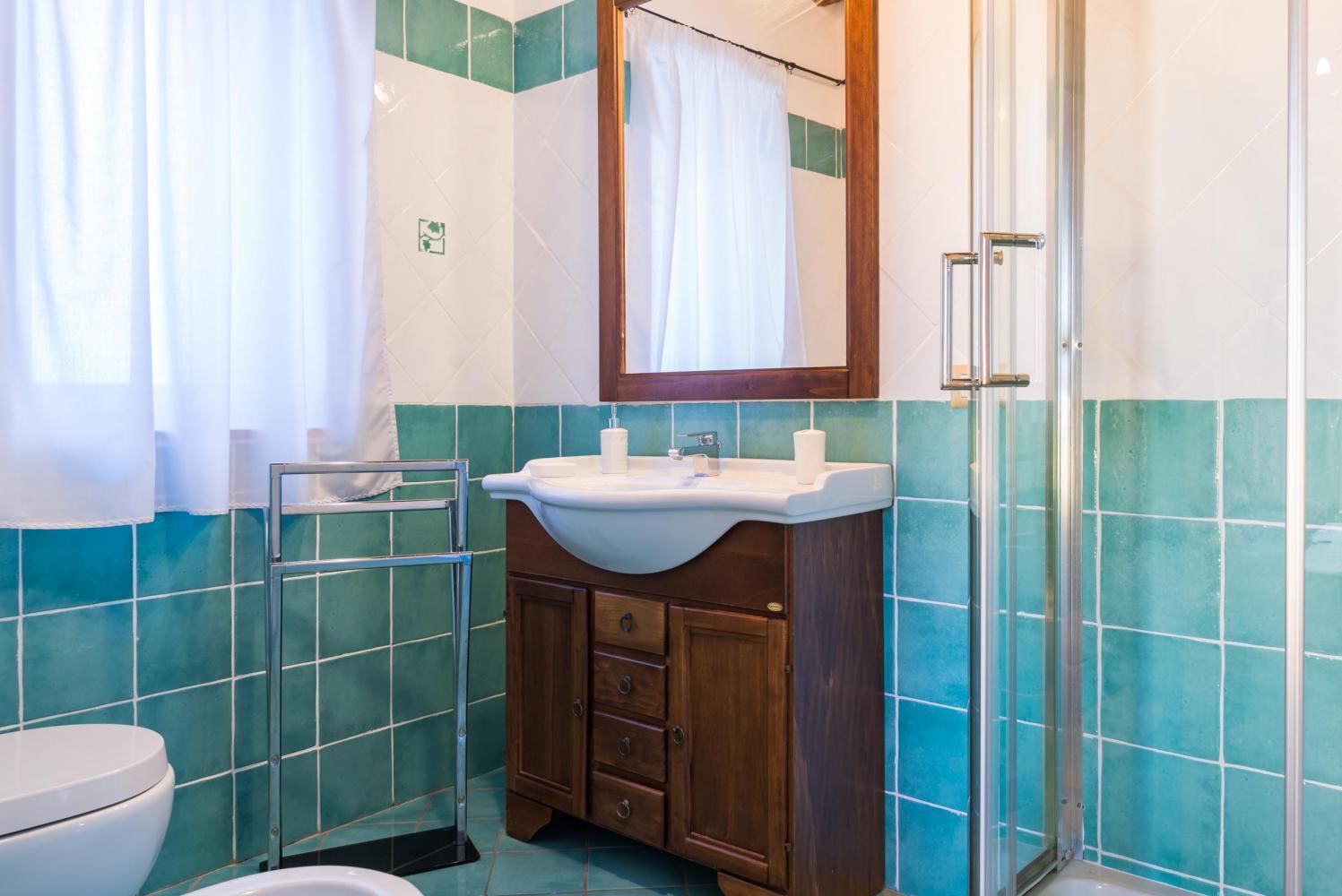 A bathroom with a sink, mirror, and shower.