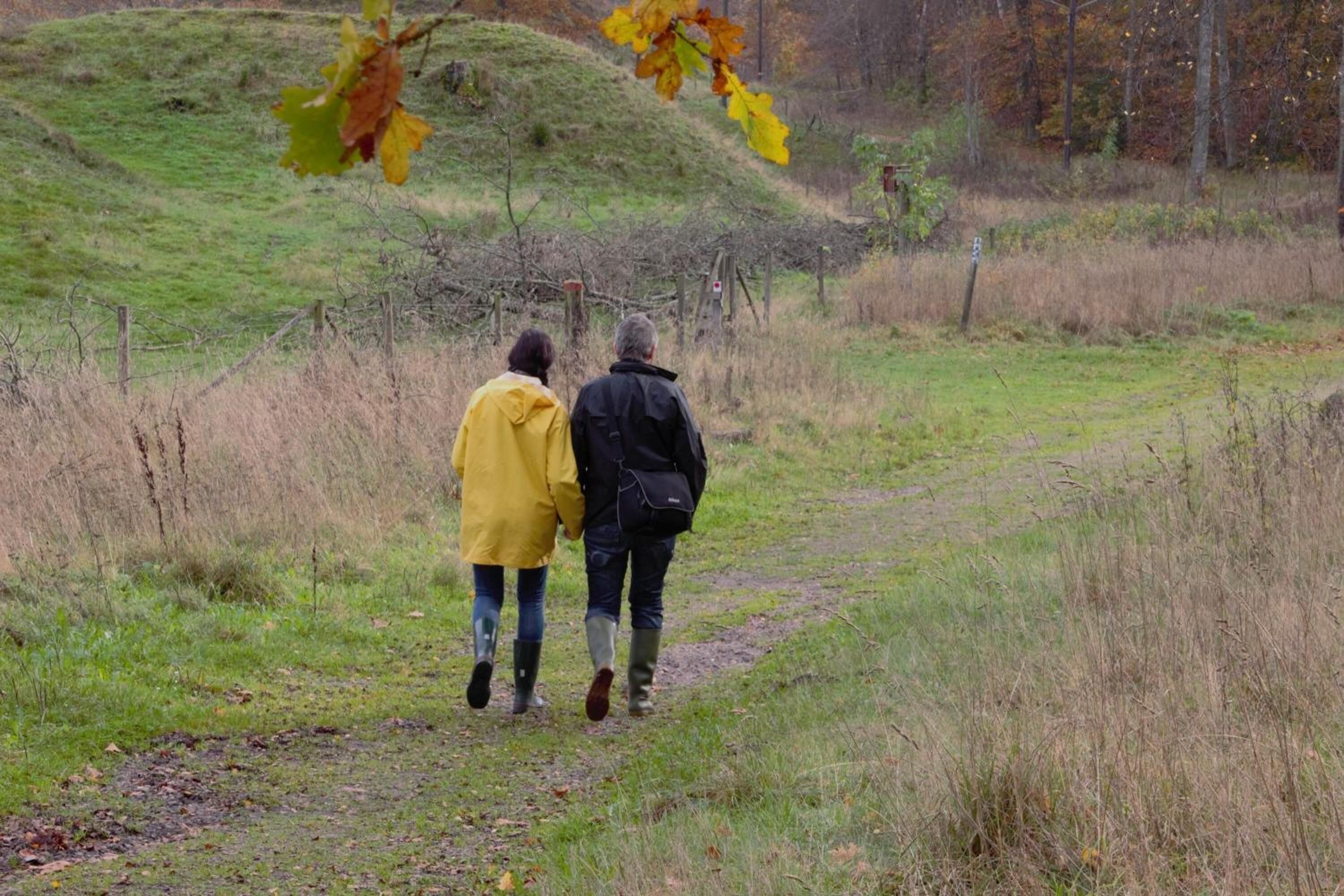 Due persone camminano su un sentiero erboso in un ambiente naturale.