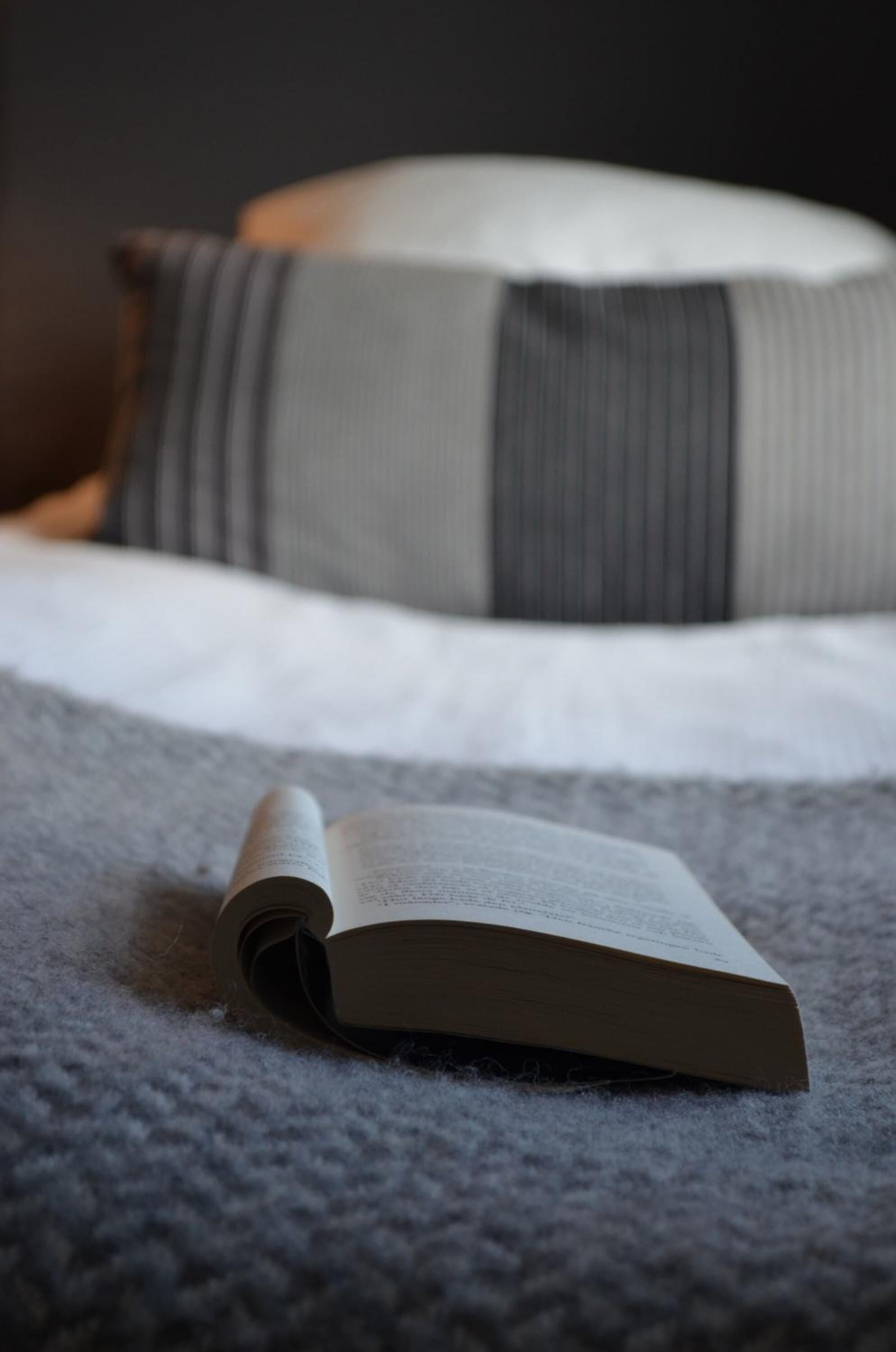Un libro sobre una alfombra texturizada, un cojín con estampado a rayas y un cojín blanco liso en una cama.
