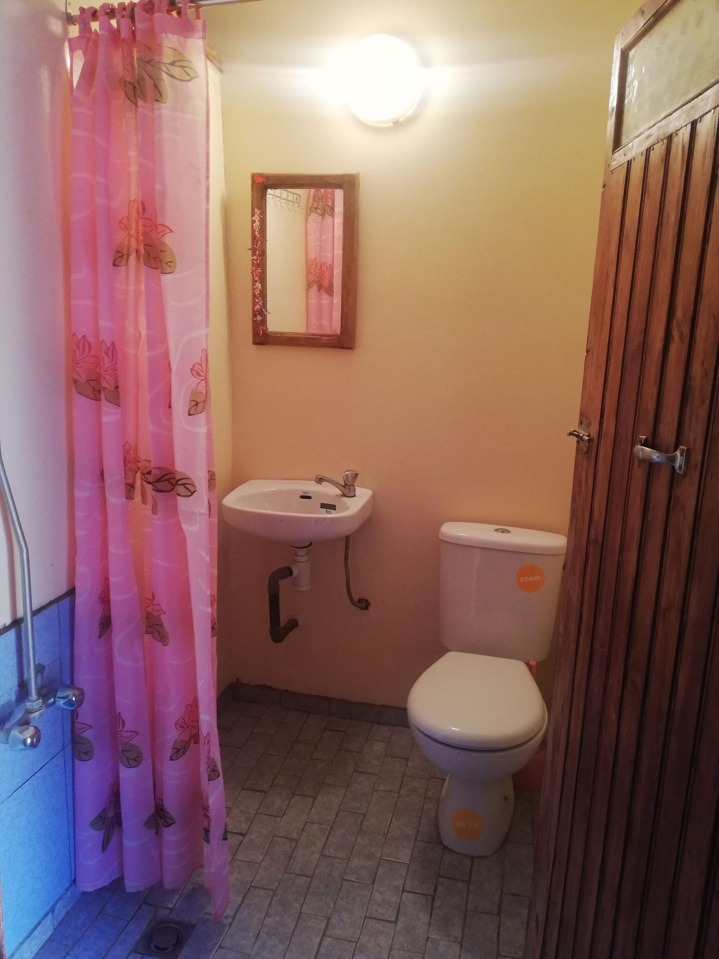 Uma casa de banho pequena com sanita, lavatório e cortina de chuveiro.