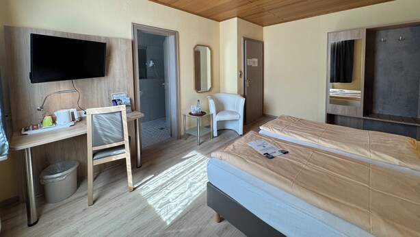 Habitación de hotel con techo de madera, una cama, un escritorio con silla, televisor en la pared y zona de ducha.