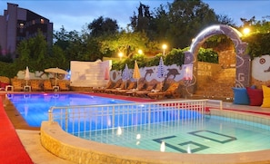 Outdoor pool, pool umbrellas, pool loungers