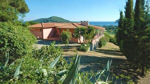 Une maison avec un toit recouvert de tuiles rouges, entourée de verdure et offrant une vue sur la mer.