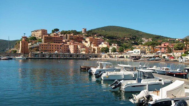 A coastal town with historic buildings, a marina with boats, and a hill in the background. - La Piaggia (Rio)