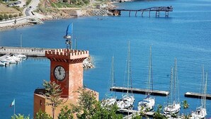 A coastal marina with a clock tower, boats docked, and a bridge in the background. - Le Maree Fede (Rio)