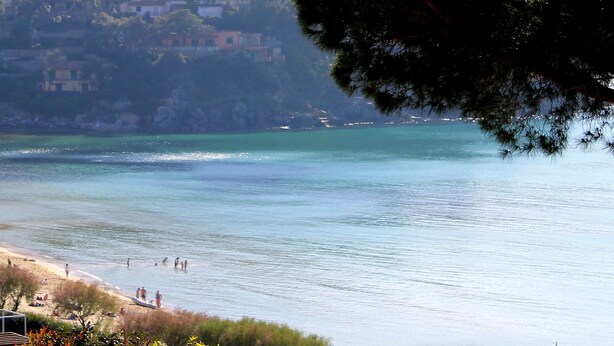 A coastal beach with a sandy shore, a few people, and buildings in the background. - Scaglieri Mare (Portoferraio)