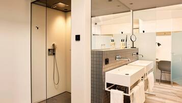 A modern bathroom with a glass shower enclosure, a double sink vanity, and a large mirror.