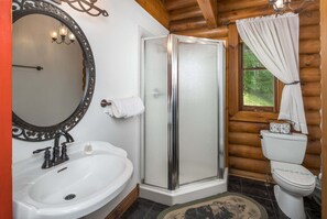 Shower, jetted bath, towels - Private Mountaintop Retreat | Hot Tub, Sauna, Game Room & Views (Sugar Grove)