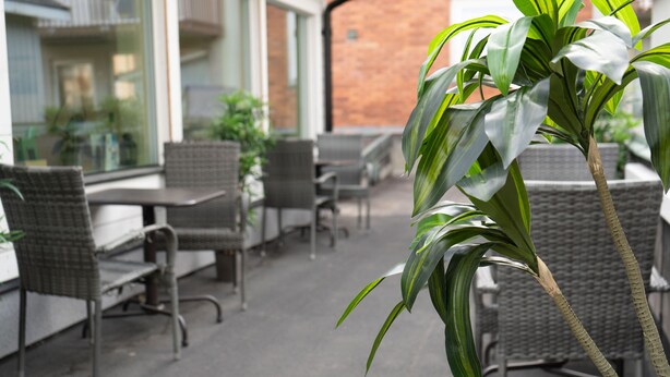 An outdoor seating area with wicker furniture and potted plants. - Hotell Stortorget (Östersund)