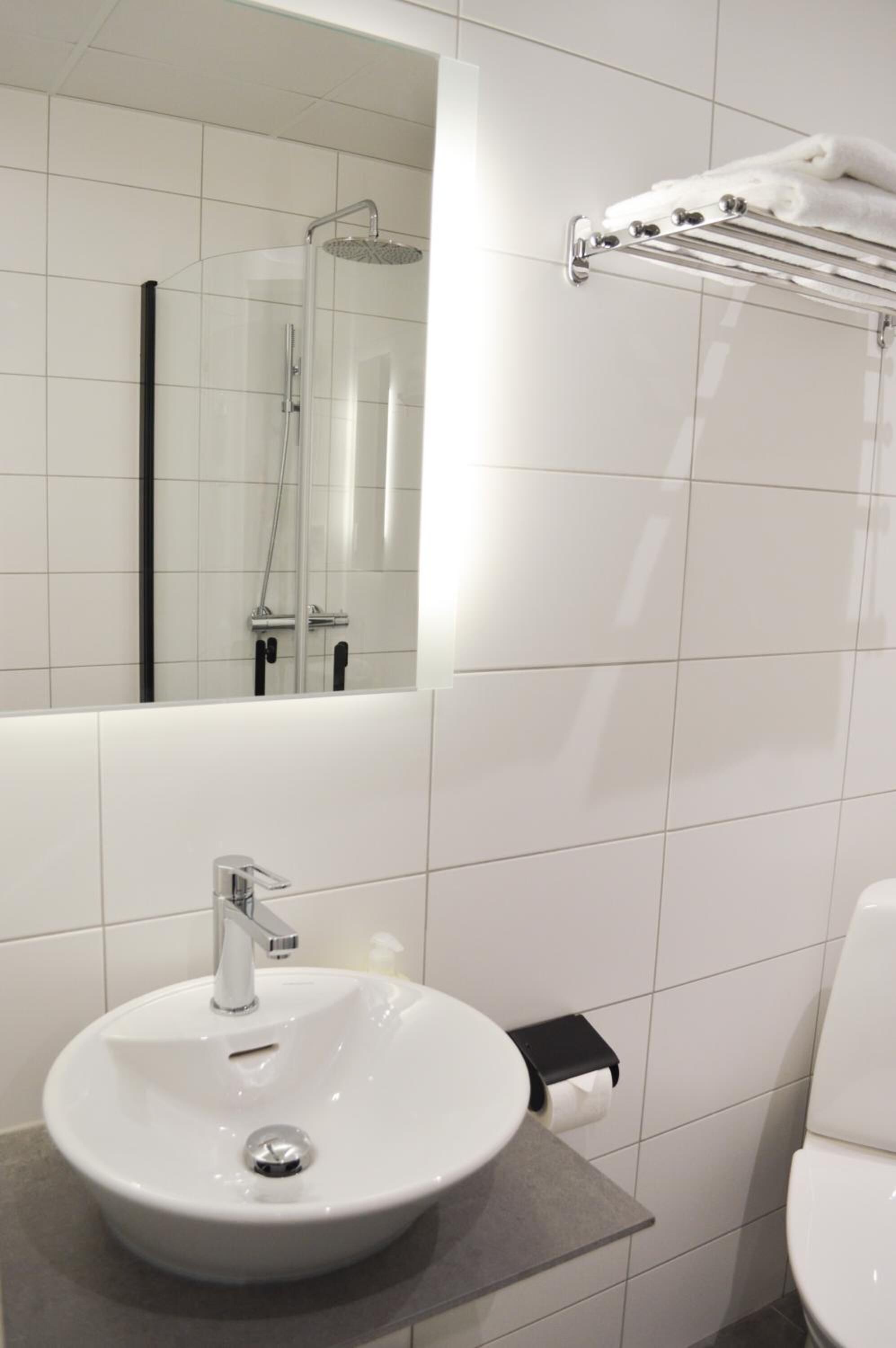 shower, free toiletries, hair dryer, towels