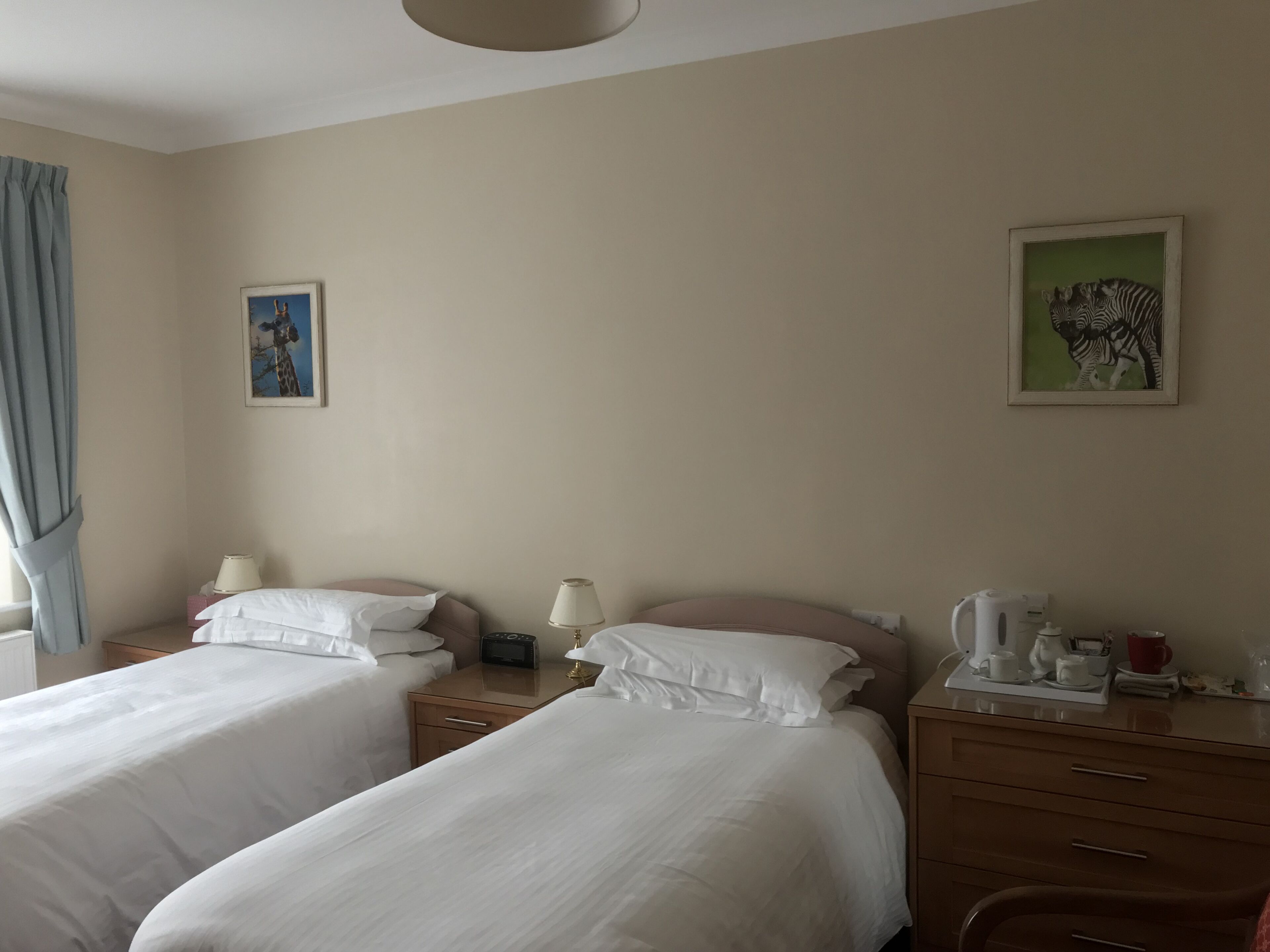 A hotel room with two beds, a bedside table with a lamp, a small cabinet, and a wall with two framed pictures.