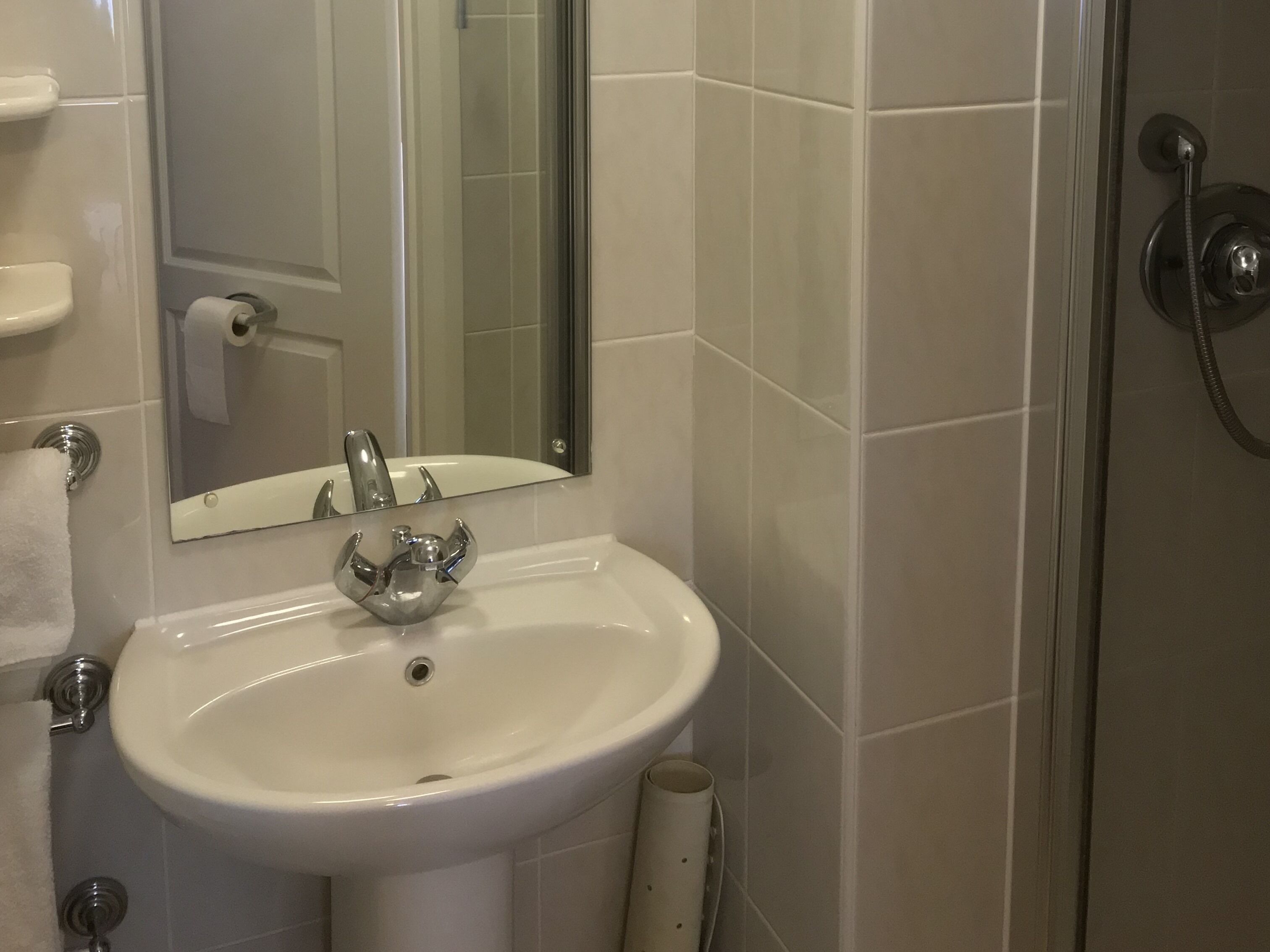 A bathroom with a white sink, a mirror, and a shower.
