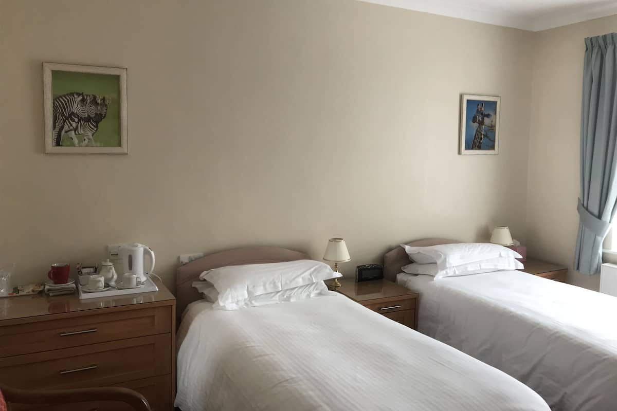 A hotel room with two beds, a bedside table with a lamp, a coffee maker, and a framed picture on the wall.