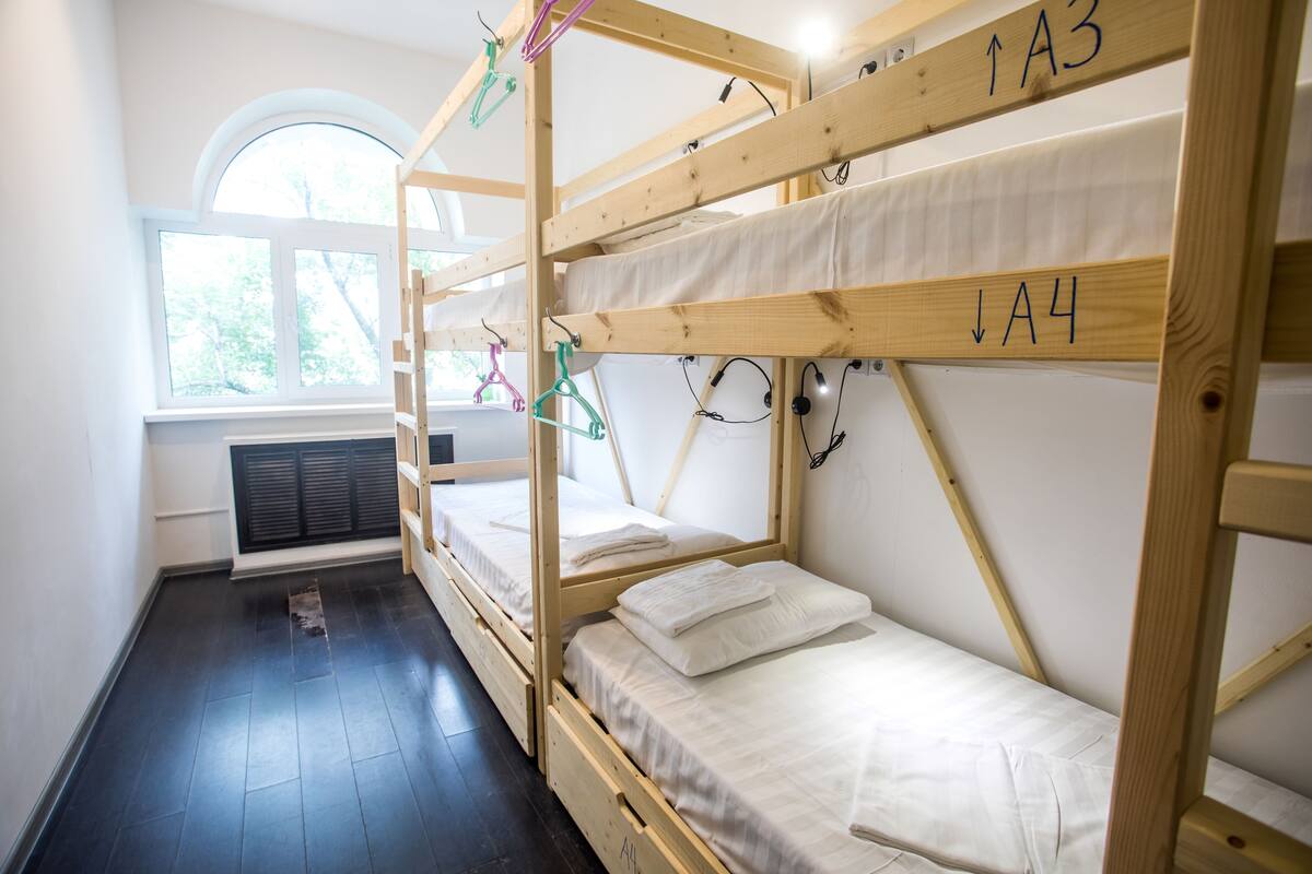 Une chambre avec des lits superposés, chacun étant identifié par un numéro, et une fenêtre donnant sur la forêt.