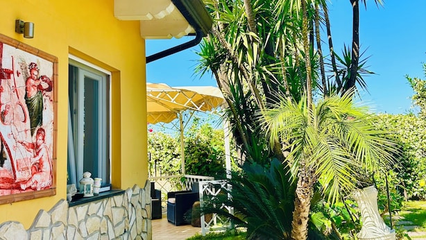 A yellow building with a stone wall, a window with a red painting, and a palm tree in the foreground. - Beatrice Home B&B (Pompei)