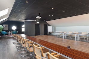 Une salle de conférence équipée d’une longue table, de chaises, d’un tableau blanc et d’un projecteur.