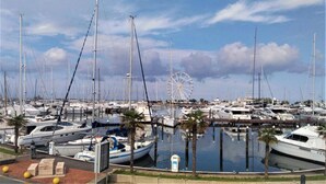 Un puerto deportivo con numerosas embarcaciones amarradas, una noria al fondo y un cielo despejado.