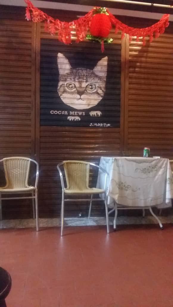 A room with a wooden wall, two wicker chairs, a table with a tablecloth, and a poster of a cat.