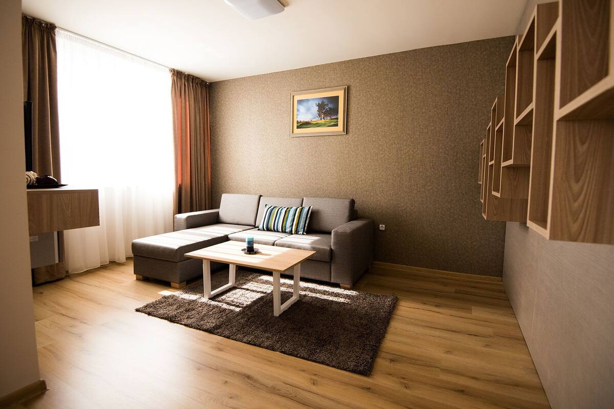 A modern living room with a grey sofa, a wooden coffee table, and a brown rug.