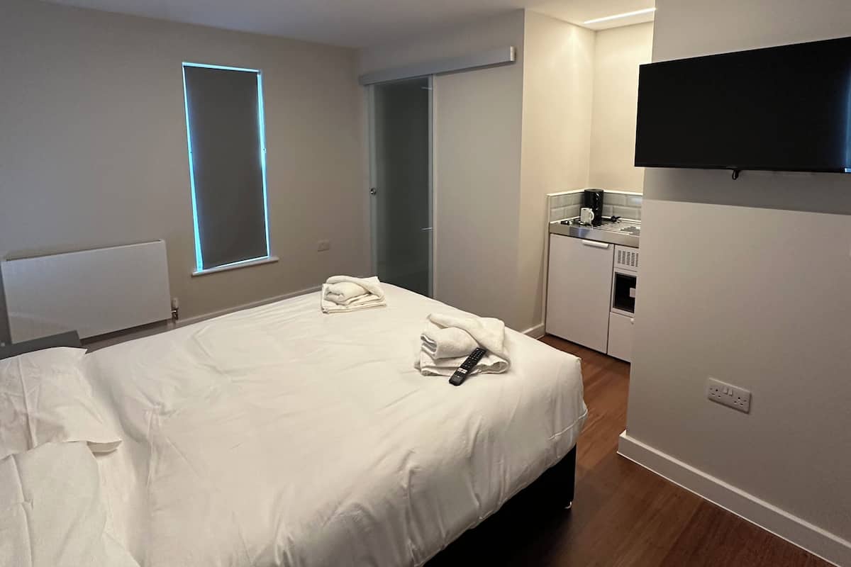 Camera d'albergo moderna con un letto grande, una TV a schermo piatto montata a parete, un angolo cottura e una porta scorrevole che dà accesso al bagno.