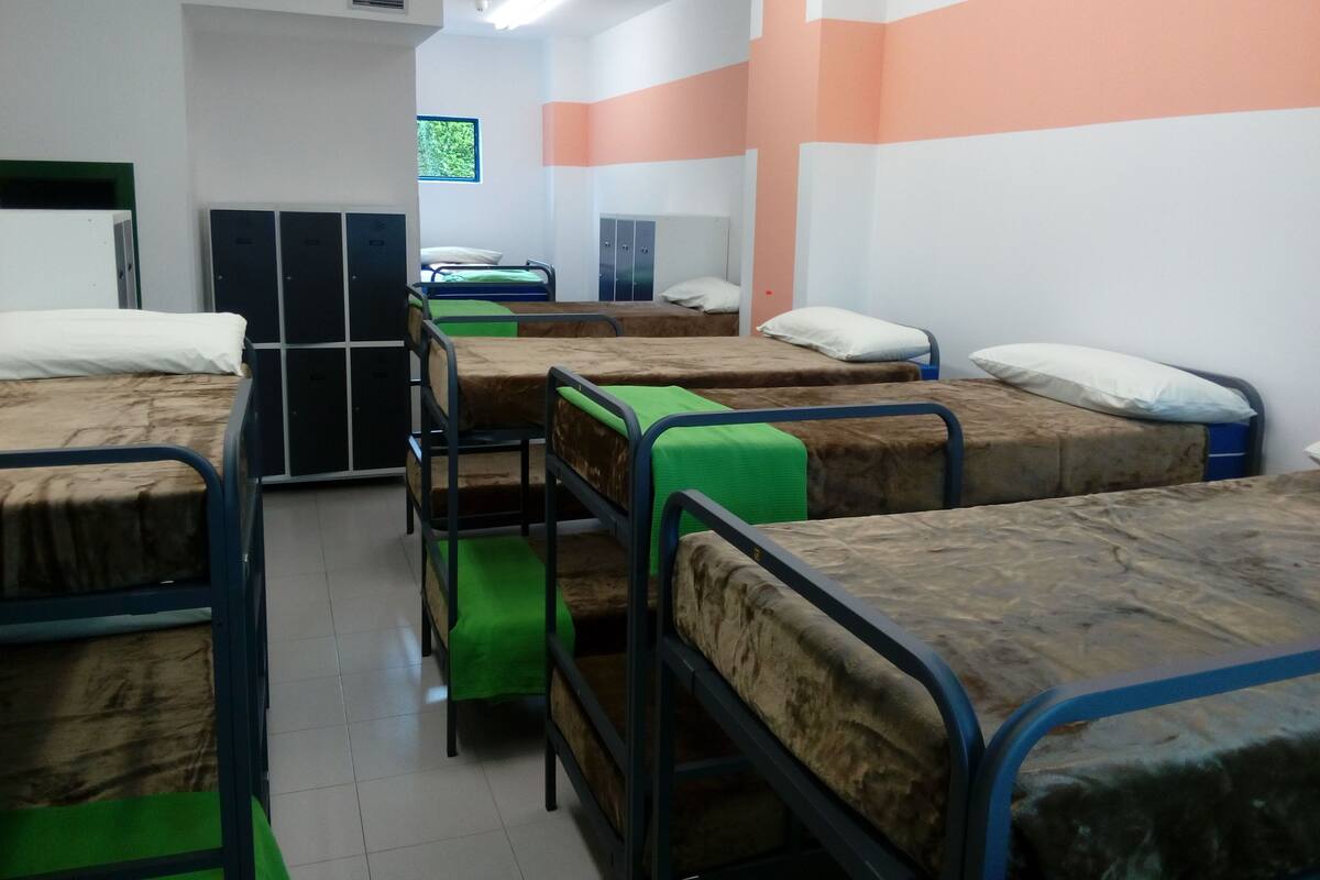 A dormitory room with bunk beds, a wardrobe, and a television.